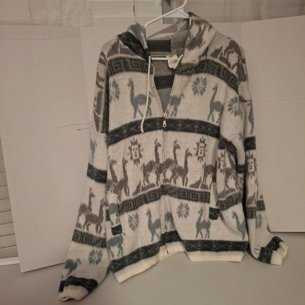 Vintage Tejidos Aly marka 100% Wool Aztec Llama Zip Up Hoodie Sweater Mens L